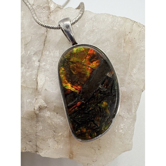 Sterling Silver Ammolite Pendant Necklace‎ Iridescent Fossil Double Sided 18'' - Picture 1 of 14